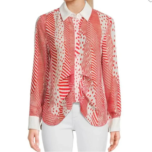 Patrizia Luca Milano Red White Mixed Print Button Down Blouse Long Sleeve Size M - Picture 1 of 6